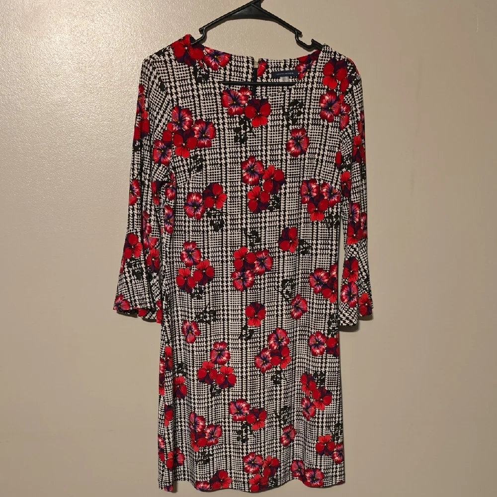 Tommy Hilfiger Women's Houndstooth Floral Print Dress‎ Size 8 Black Red
